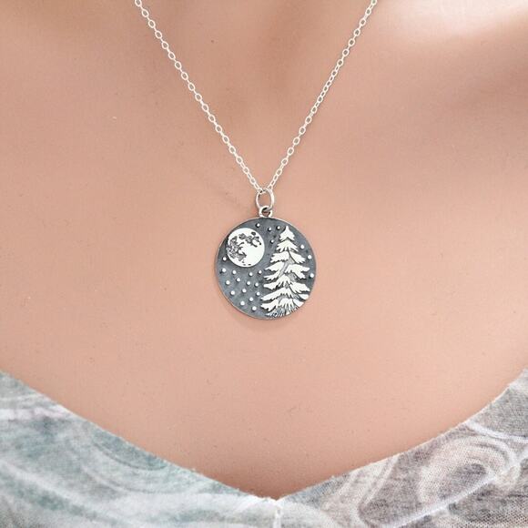 Sterling Silver Full Moon Snow Covered Tree and Starry Sky Charm